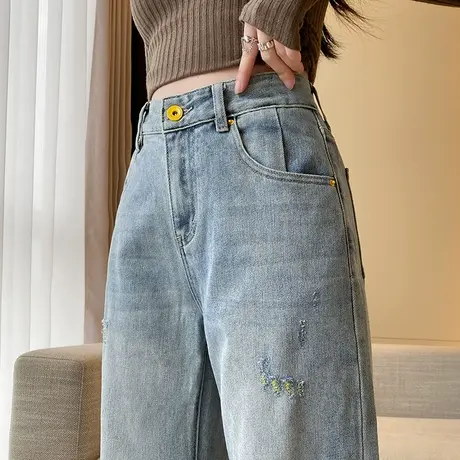 破洞直筒阔腿牛仔裤女2024春秋新款高腰显瘦宽松百搭垂感拖地长裤商品大图