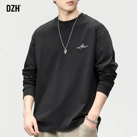 男士黑色长袖t恤男纯棉2024新款春季刺绣上衣圆领打底衫简约内搭商品大图