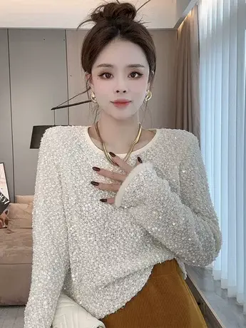 早春新中式国风纯色圆领亮片毛边袖打底衫女气质高级感内搭上衣潮图片