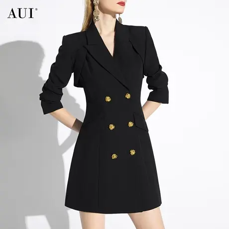 AUI黑色御姐气质设计感西装外套女2024春新款小众职业收腰西服裙图片