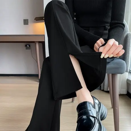 黑色开叉微喇牛仔裤女春秋2024高腰阔腿休闲垂感窄版拖地西装裤子商品大图