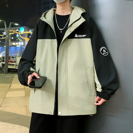 撞色拼接冲锋衣外套男装新款上衣春秋款连帽夹克男潮港风工装褂子图片