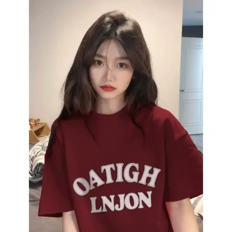 纯棉酒红色印花字母短袖t恤女夏季潮牌宽松半袖oversize上衣体恤图片