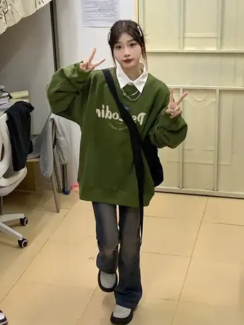 无帽卫衣女小个子加绒加厚秋冬宽松oversize小众美式复古上衣外套商品大图