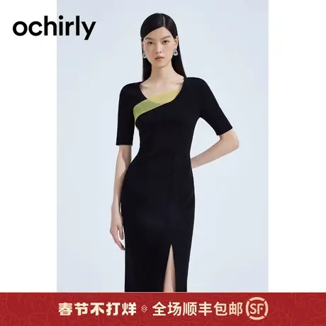 ochirly欧时力 薄短袖针织连衣裙2023新款夏装中长撞色收腰设计感图片