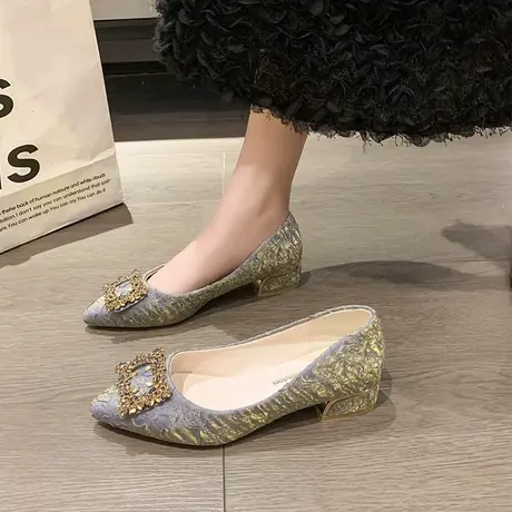 单鞋女2024年新款水钻气质高级感粗跟鞋子中跟粗跟尖头晚晚孕妇鞋商品大图