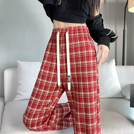 复古红色格子休闲裤女春秋新款高腰显瘦宽松慵懒风直筒阔腿拖地裤图片