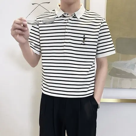 条纹短袖POLO衫男夏季轻熟潮牌ins商务休闲上衣高级感翻领半袖T恤商品大图
