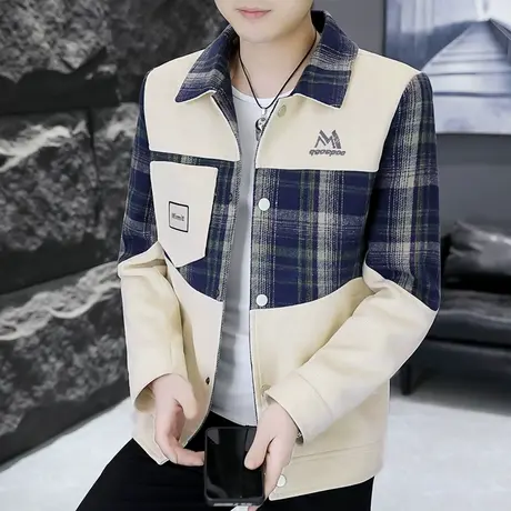 春秋季男士潮流拼接夹克韩版修身帅气外套高级感休闲潮牌拼色男装商品大图