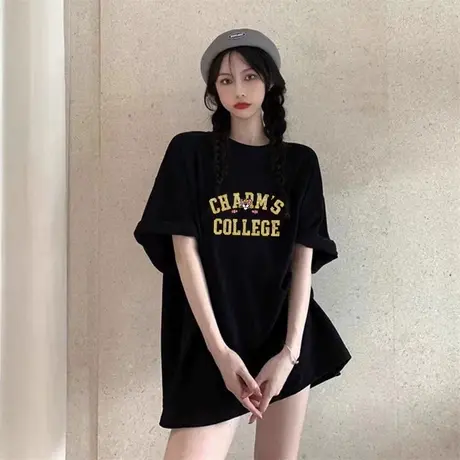 个性白色印花短袖t恤女2024年新款潮牌宽松大版纯棉百搭半袖上衣商品大图