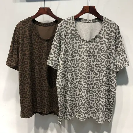 2024春夏 韩国东大门新款韩版宽松露锁骨中长款豹纹短袖T恤女潮商品大图