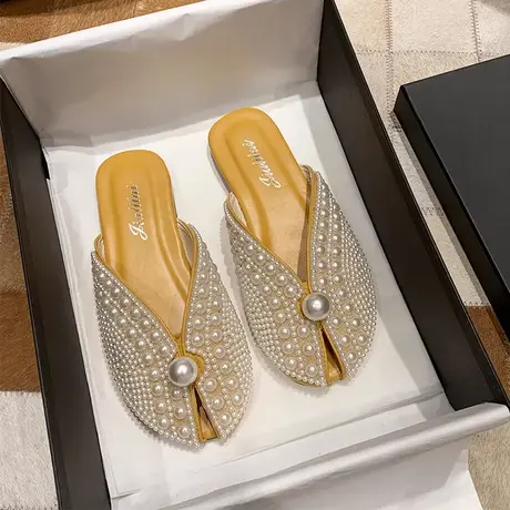 网红包头半拖鞋女夏外穿2024年新款鱼嘴凉拖平底珍珠懒人穆勒鞋潮商品大图