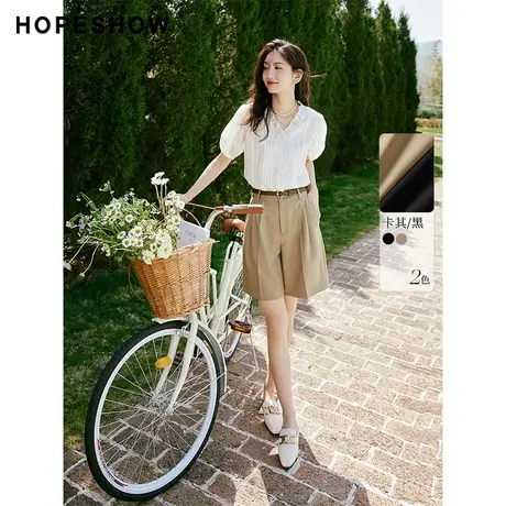 红袖百搭时尚通勤五分裤hopeshow2024夏季新款纯色休闲简约中裤商品大图