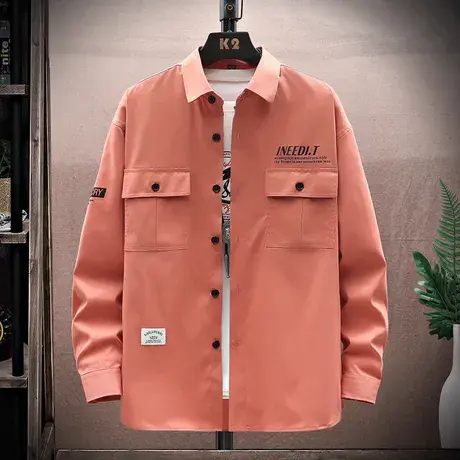 工装衬衫男长袖春秋季新款潮牌宽松翻领上衣服字母印花衬衣外套男商品大图