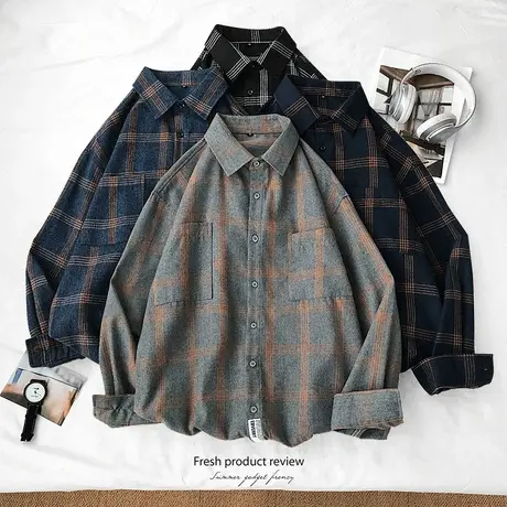 潮牌格子衬衫男长袖秋冬季衬衣外搭上衣服港风外套宽松工装休闲寸图片