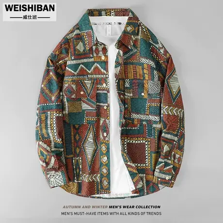 潮牌民族风休闲长袖衬衣男外套春秋季高级感小众宽松衬衫痞帅上衣商品大图