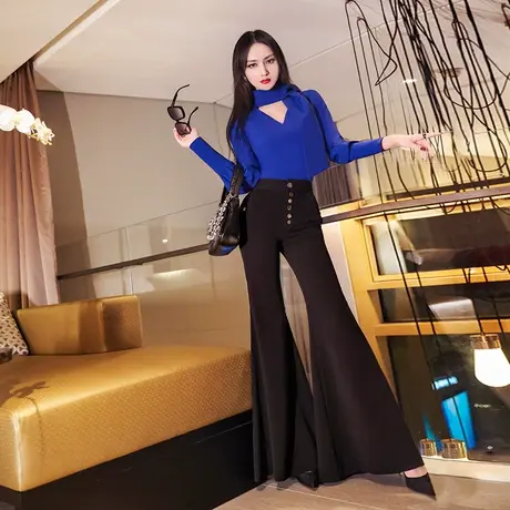 VJE女士黑色时尚裤子春季新款气质修身高腰垂感喇叭裤长裤商品大图