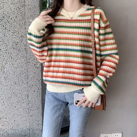 毛衣女2023年秋冬新款短款条纹针织衫宽松内搭加厚圆领打底衫女图片