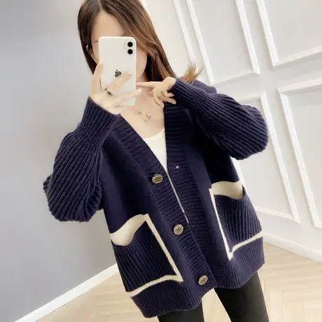 秋装新款针织开衫宽松拼色毛衣外套女士秋冬时尚外搭洋气上衣图片