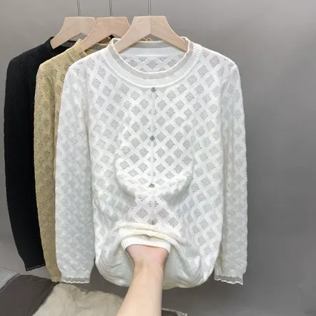 2023新款春装欧货针织衫上衣女设计风镂空毛衣百搭外穿纯色长袖商品大图