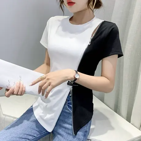 女装2023新款潮拉链开叉T恤女短袖夏洋气撞色上衣显瘦性感镂空t桖商品大图