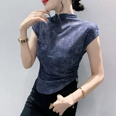 欧货辣妹短款T恤女夏新款性感网纱收腰小衫设计感不规则下摆上衣商品大图