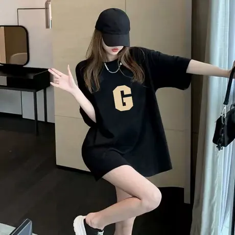 短袖t恤女装2023新款夏季港味复古设计感小众中长款宽松纯棉上衣商品大图