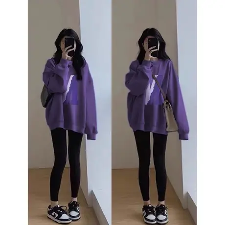 圆领卫衣女高级感秋冬薄款oversize慵懒风宽松无帽美式复古上衣潮商品大图