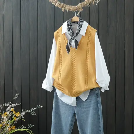 V领套头针织马甲女文艺范纯色绞花无袖坎肩秋款毛线背心宽松马夹商品大图