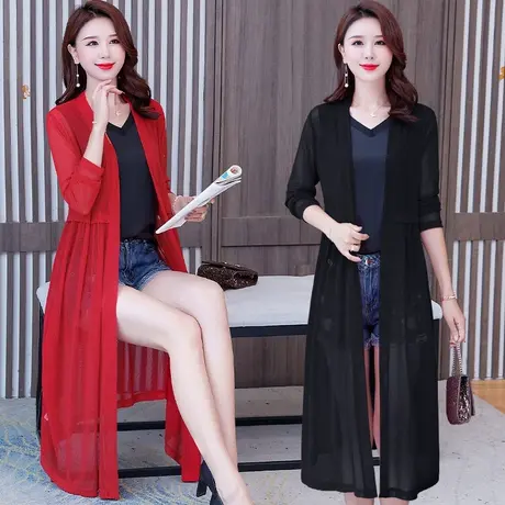 网纱上衣女夏薄款外搭开衫配裙子外披长袖防晒衣收腰过膝披肩外套图片