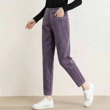 紫色条绒老爹裤灯芯绒裤子女秋冬加绒女裤休闲裤哈伦裤加厚萝卜裤商品大图