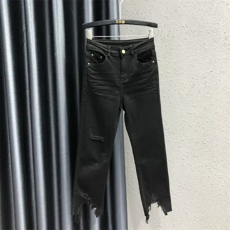 2023年秋季新款黑色破洞高腰修身显瘦时尚小脚烟管裤直筒牛仔裤女图片