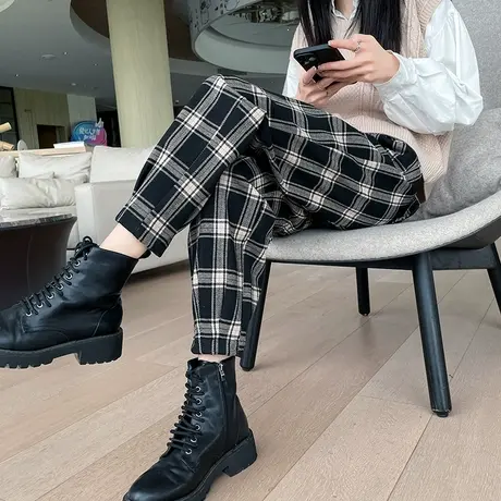 毛呢格子裤女九分2023年秋冬新款高腰宽松显瘦复古休闲哈伦萝卜裤商品大图