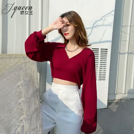 衬衫女长袖春秋小众设计感时髦复古修身V领心机露脐短款别致衬衣商品大图