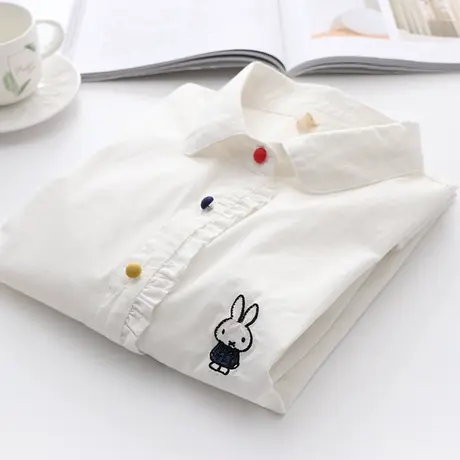 2021春秋新款文艺兔子刺绣白衬衫女长袖纯棉休闲打底木耳花边衬衣商品大图