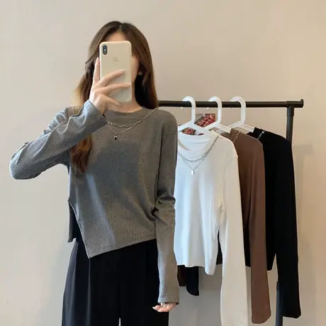 螺纹长袖针织衫纯欲T恤女不规则2023年早秋季新款修身上衣打底衫商品大图