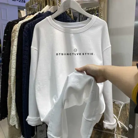 纯棉白色打底衫女内搭2022春秋装宽松学院风长袖t恤女中长款上衣商品大图