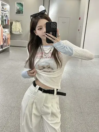 正肩长袖t恤女春秋内搭打底衫设计感小众显瘦高腰短款小个子上衣商品大图