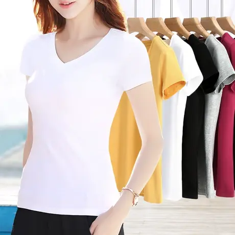 白色t恤女v领修身紧身纯棉短袖显瘦短款简约大方女装大码夏季体恤图片