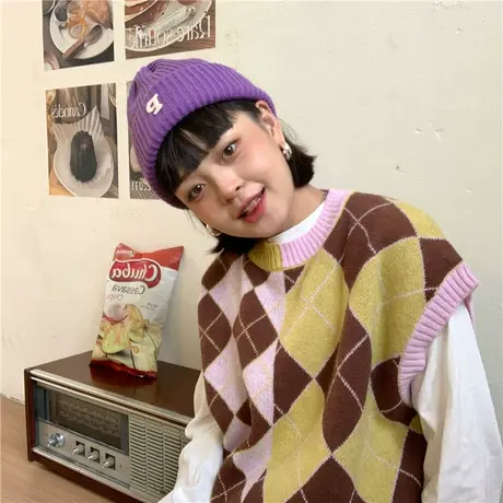 红续毛衣马甲女2023年秋冬新款针织衫外穿复古学院风撞色菱格背心商品大图