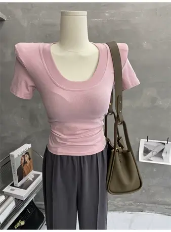 留！百搭简约～基础垫肩上衣大U领短袖T恤短款修身纯色打底衫内搭商品大图