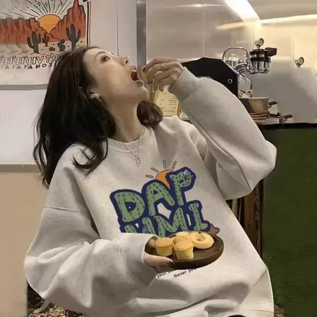 纯棉美式复古hiphop潮牌卫衣女春秋加厚2023年新款慵懒风圆领上衣图片