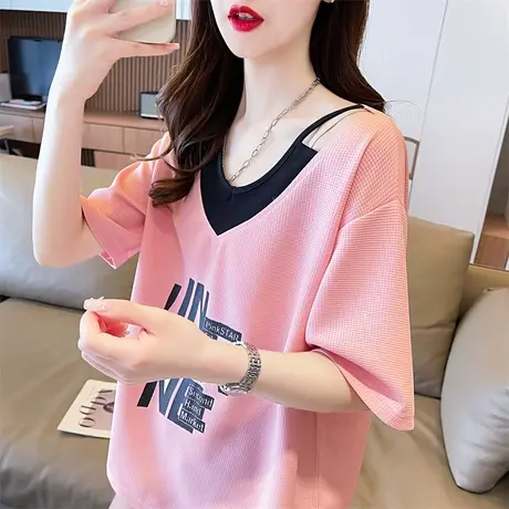 设计感小众华夫格短袖t恤女夏季韩版宽松大码小个子个性露肩上衣商品大图
