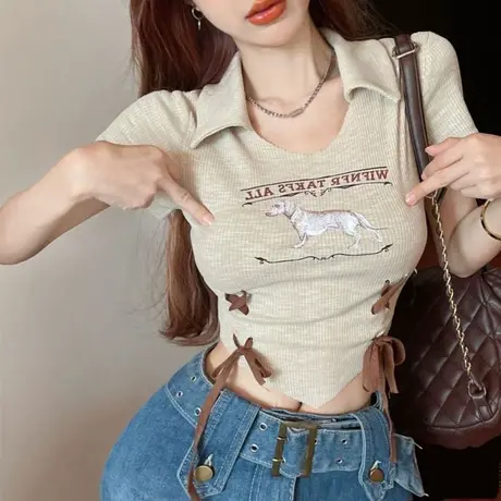 辣妹设计感小众短袖t恤女夏修身正肩短款独特别致甜辣很仙的上衣商品大图