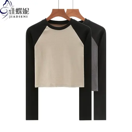 秋冬新款韩版圆领拼色纯棉短款修身纯欲长袖体恤上衣内搭女打底衫商品大图