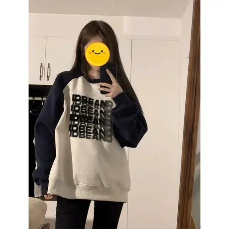 印花字母插肩袖卫衣女春秋薄款宽松慵懒风美式复古设计感上衣潮牌商品大图