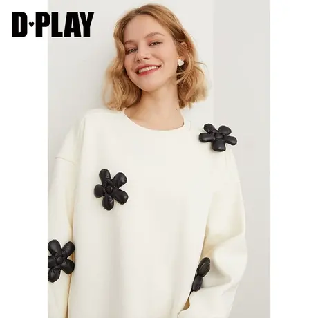DPLAY德帕拉秋装款简约时尚白色撞色小花保暖加绒套头卫衣图片