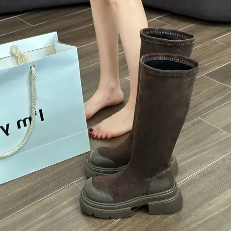 棕色靴子女长筒靴2023新款秋季粗跟厚底不过膝长靴高筒瘦瘦骑士靴商品大图