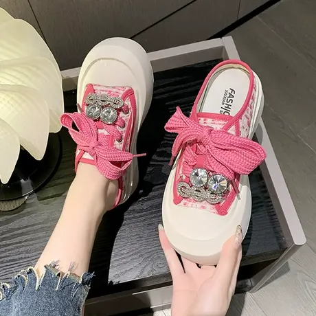 拼色毛呢包头拖女2023年欧货春夏新款防滑水钻平底中跟半拖百搭潮图片