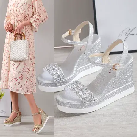 凉鞋女水钻新款夏季厚底坡跟仙女风配裙子时装防水台女士外穿凉鞋商品大图